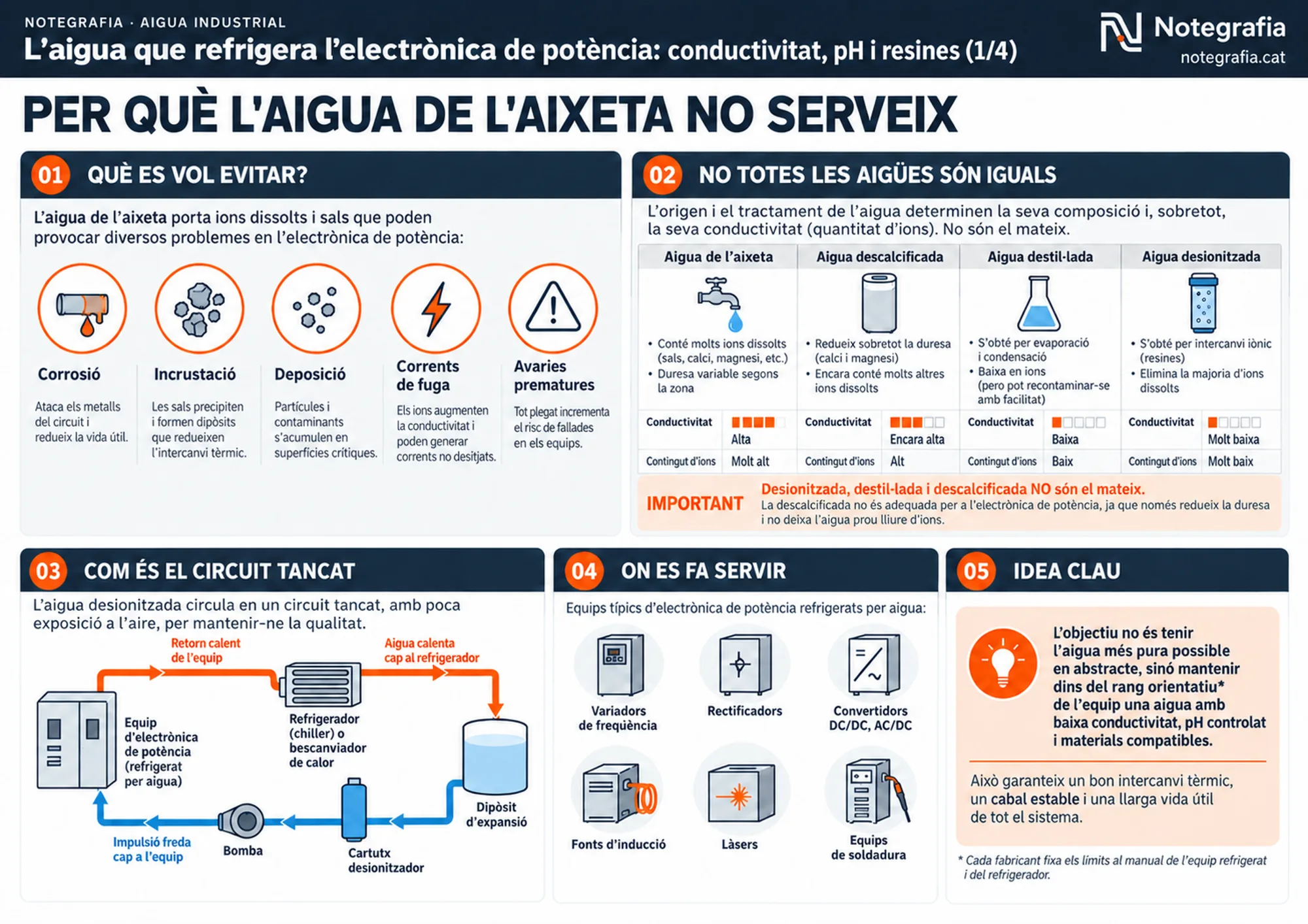 Notegrafia tècnica sobre l'aigua de refrigeració de l'electrònica de potència (1 de 4): els cinc problemes que es volen evitar, taula comparativa d'aigua de l'aixeta, descalcificada, destil·lada i desionitzada amb el nivell de conductivitat, esquema del circuit tancat amb equip, refrigerador, dipòsit d'expansió, cartutx desionitzador i bomba, equips típics on es fa servir i la idea clau.