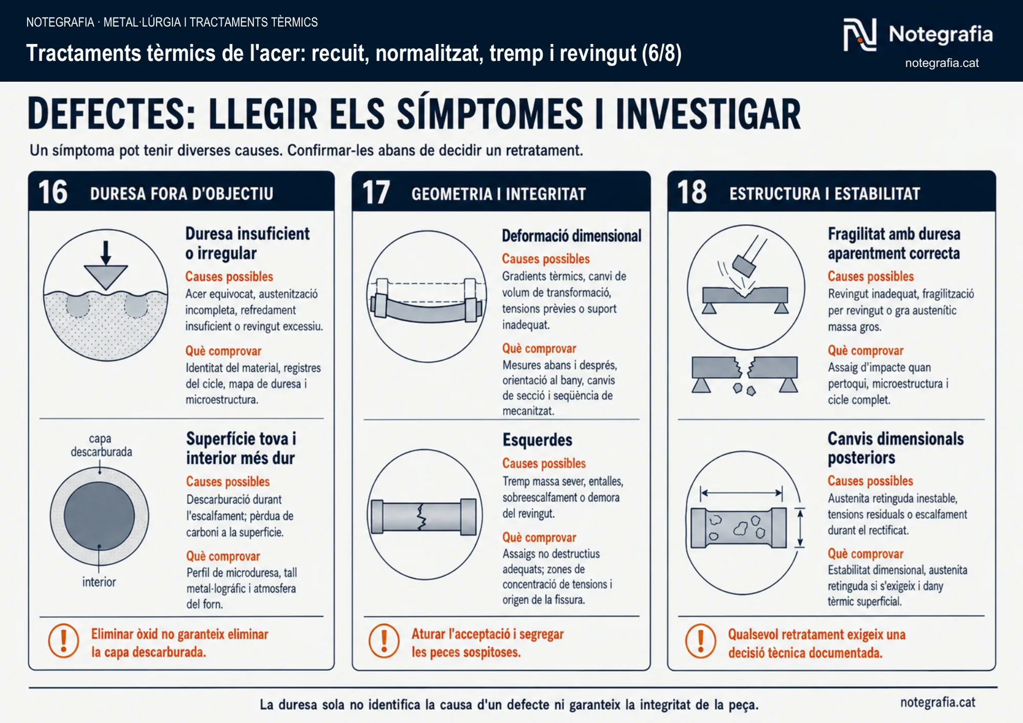 Notegrafia tècnica sobre tractaments tèrmics de l'acer (6 de 8): nou defectes agrupats en tres blocs (duresa fora d'objectiu, geometria i integritat, estructura i estabilitat) amb les causes possibles i què comprovar per a cadascun, des de la duresa insuficient fins a la fragilitat amb duresa aparentment correcta.