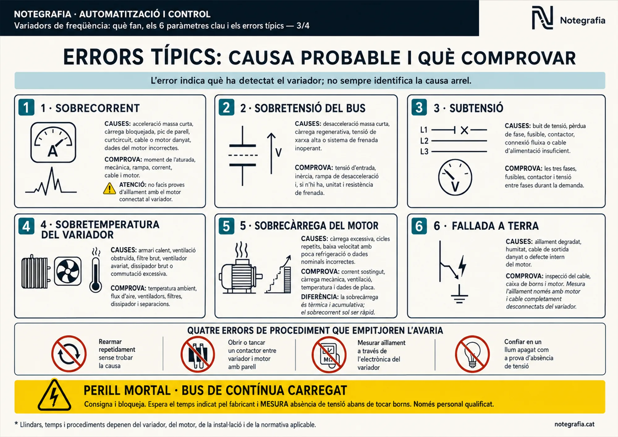 Notegrafia tècnica sobre variadors de freqüència (3 de 4): les sis famílies d'error (sobrecorrent, sobretensió del bus, subtensió, sobretemperatura del variador, sobrecàrrega del motor i fallada a terra) amb causes probables i què comprovar, els quatre errors de procediment que empitjoren l'avaria i l'avís de perill pel bus de contínua carregat.